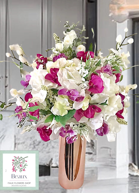 Chic Faux Floral Arrangement - Cerise Pink Hydrangea & Orchid | Chateaux Rue image 0