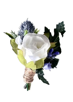 Gents, guest ivory rose and thistle buttonhole Beaux Faux Flowers Shop