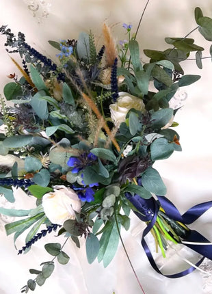 Eucalyptus foliage silk rose bridal Bouquet Wedding Flowers,Navy, Dusty Blue image 2
