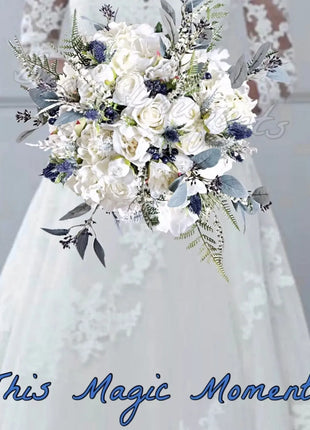 Scottish thistle, rose Bridal Bouquet, Artificial Flowers in White, Ivory, Blue image 0