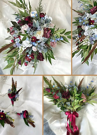 Artificial Wedding flowers pheasant feather,  blue, red, Ivory pink  package 4pc image 0