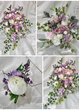 Silk Rose with trailing ivy bouquet -lilac, blush, peach, Ivory Teardrop Bouquet Beaux Faux Flowers Shop