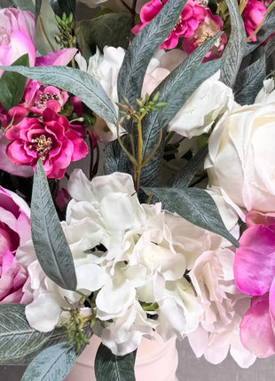 Silk Floral Peony vase Arrangement in cerise and White with peonies, roses, Nicoli eucalyptus - Villa View Beaux Faux Flowers Shop