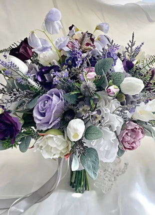 Silk Rose, lilacs, ranunculus bouquet-purple, mauve, Ivory round  Bridal flowers image 8