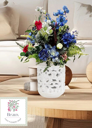Silk blue Flower Vase Arrangement with White, Red Flowers | image 0