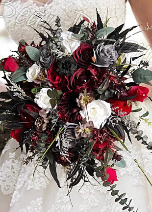 Silk Rose, bamboo leaf Bride Bouquet Wedding Flowers in black, red, grey, Ivory image 1