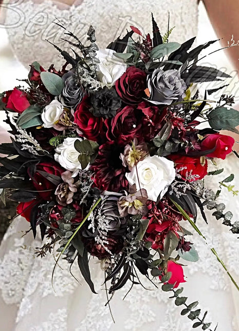 Silk Rose, bamboo leaf Bride Bouquet Wedding Flowers in black, red, grey, Ivory image 1
