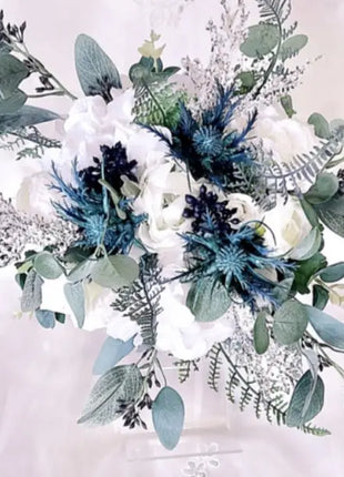 Silk Cascade Bridal Bouquet Roses, Peony in  Blue,  navy, Ivory image 2