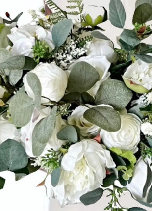 Artificial Roses, Peonies in White Ivory Round Spray Bridal Bouquet Wedding image 9