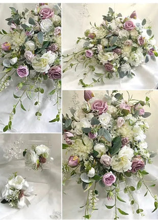 Collage of wedding bouquets with pink, white, and green flowers on a white background