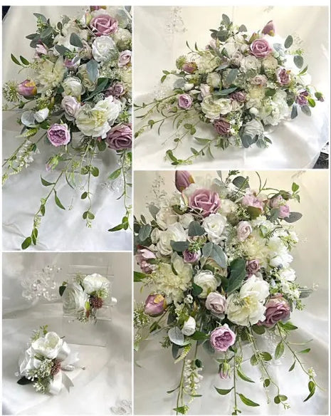 Collage of wedding bouquets with pink, white, and green flowers on a white background