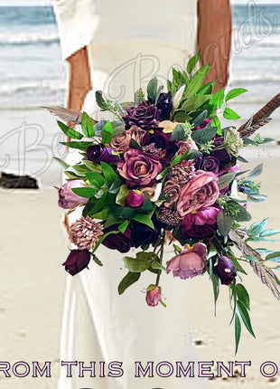 Scottish bridal bouquet with roses pheasant feather, dusky pink, red, Ivory image 0