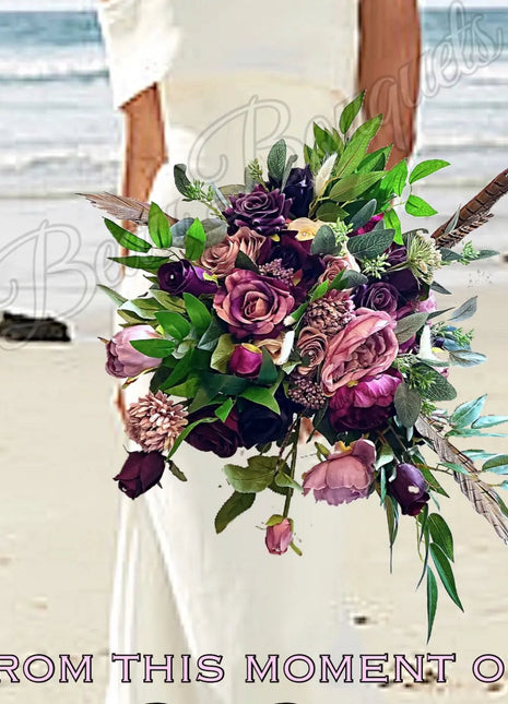 Scottish bridal bouquet with roses pheasant feather, dusky pink, red, Ivory image 0