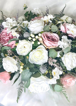 Dusky pink silk rose and grey scottish thistle bridal teardrop bouquet Beaux Faux Flowers Shop
