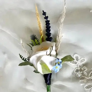 Gents, guest scottish cream rose and blue thistle buttonhole Beaux Faux Flowers Shop
