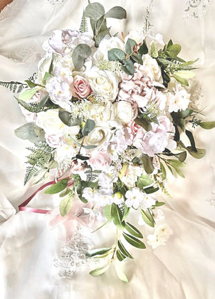 Artificial Roses, Peonies in Cream, pink, Ivory Teardrop Bridal Bouquet image 8