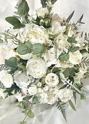 Artificial Roses, Peonies in White Ivory Round Spray Bridal Bouquet Wedding Fl image 3