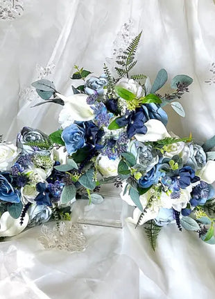 Silk Cascade  Bridal Bouquet Roses, Peony inBlue,  navy, Ivory image 3
