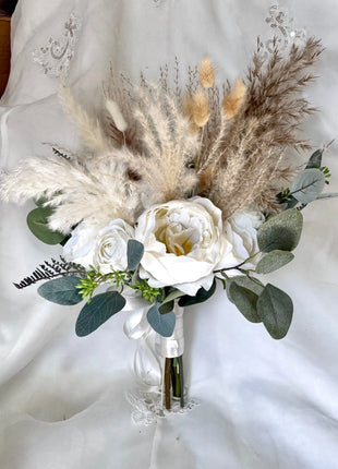 Silk Anemone, Roses in Cream White Ivory Round Spray Bridal Bouquet Wedding Fl image 7