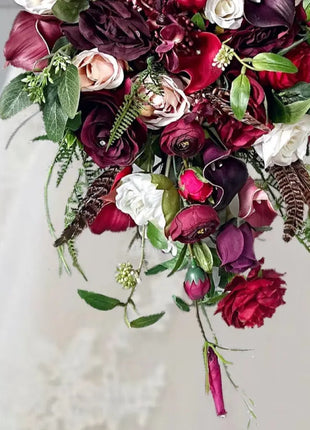 Silk Rose, Calla Cascading Bridal Bouquet Wedding Flowers in Burgundy, Ivory image 7