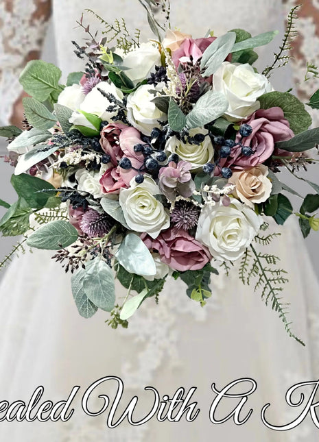 Silk Rose Scottish thistle Bridal Bouquet Wedding Flowers in dusky mauve, Ivory image 0
