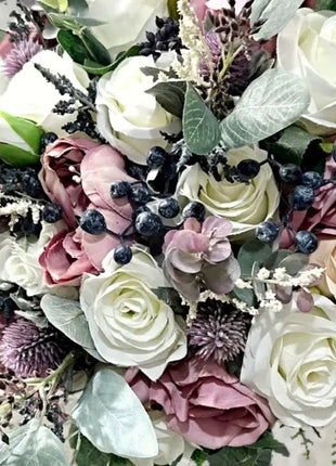 Silk Rose Scottish thistle Bridal Bouquet Wedding Flowers in dusky mauve, Ivory image 9