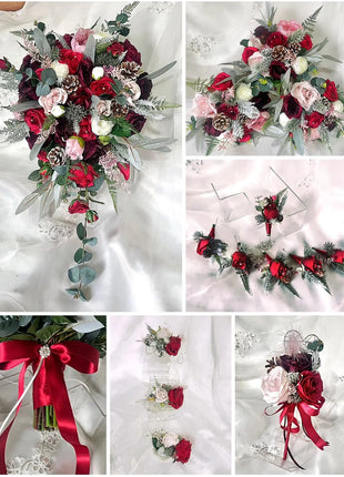 Artificial Wedding Flowers in Burgundy Red Cascading wintry Bridal Bouquet image 9