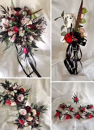 Silk Rose, black ruscus leaf Bride Bouquet Wedding Flowers in black, pink, Ivory image 8