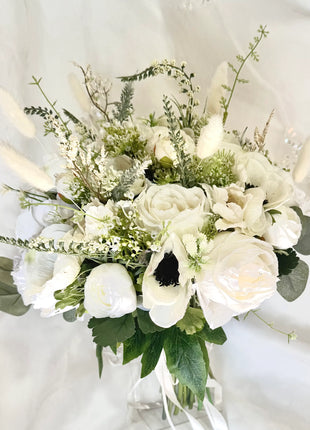 Silk Anemone, Roses in Cream White Ivory Round Spray Bridal Bouquet Wedding Fl image 9