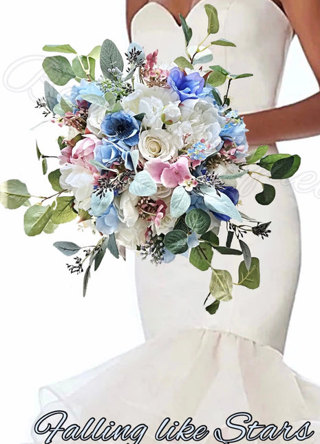 Blue, pink silk Wedding Flowers  Peony Bridal Bouquet in White, Ivory image 0