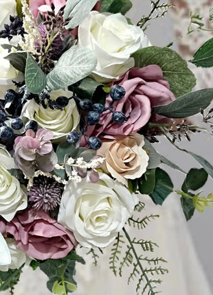 Silk Rose Scottish thistle Bridal Bouquet Wedding Flowers in dusky mauve, Ivory image 8