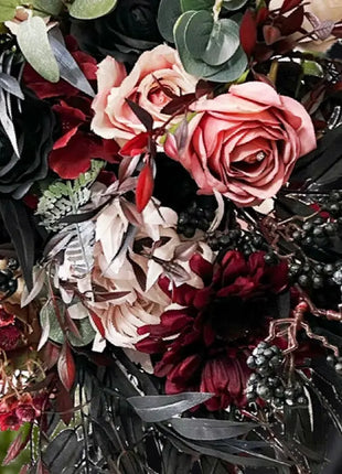 Silk Rose, black bamboo leaf Bride Bouquet Wedding Flowers | black, pink & Ivory image 5