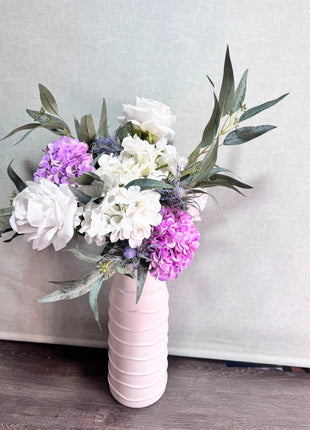 Silk Peony thistle lilac flower Arrangement with White with peonies, roses, Nicoli eucalyptus - Village Gardens Beaux Faux Flowers Shop