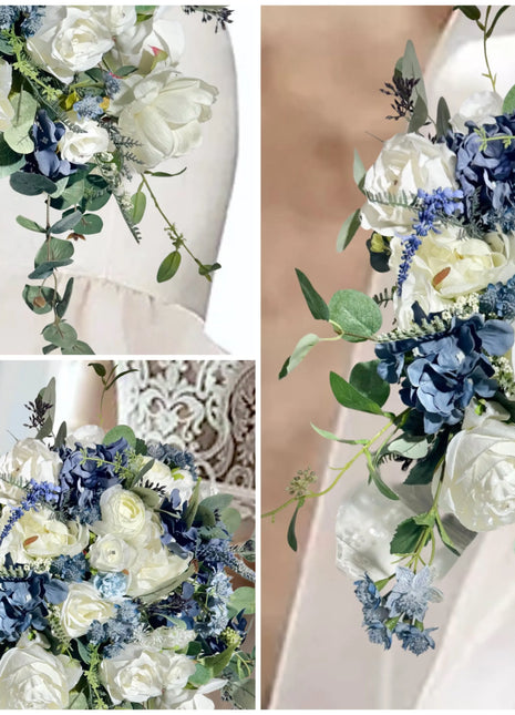 Silk Cascading Bridal Bouquet Roses, Peony in pale Blue, dark blue and Ivory - Beaux Faux Flowers Shop