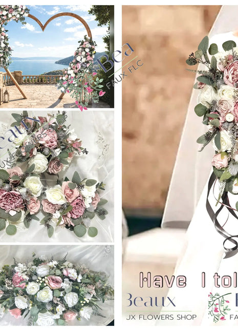 Dusky pink silk rose and grey scottish thistle bridal teardrop bouquet Beaux Faux Flowers Shop