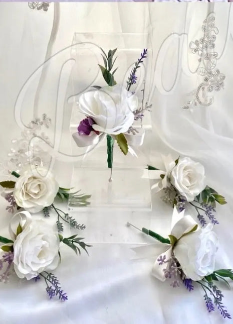 Decorative wedding card with white roses and lavender flowers on a white background