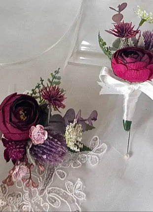 Artificial Silk Wedding loose round Bridal Flowers plum, burgundy with roses, thistles and eucalyptus Beaux Faux Flowers Shop