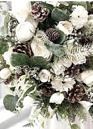 Wintry, Christmas bride bouquet in white, Ivory, cream with fir cones 10pc Beaux Faux Flowers Shop
