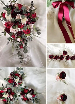 Collage of wedding bouquets with red, pink, and green flowers on a white background.