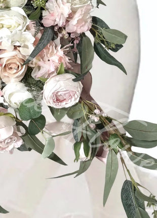 Cascading blush pink silk flower Bridal Bouquet close up