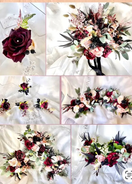 Collage of various floral arrangements with a focus on dark red and pink flowers.