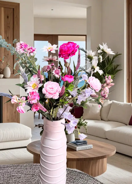 Silk delicate Floral vase Arrangement in cerise, peach, pale blue, lilac and White with garden, chrysanthemum, astilbe,Veronica dahlia sweet pea-Garden Views Beaux Faux Flowers Shop