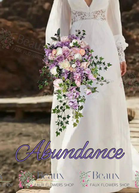 Silk Rose with trailing ivy bouquet -lilac, blush, peach, Ivory Teardrop Bridal Bouquet - Beaux Faux Flowers Shop