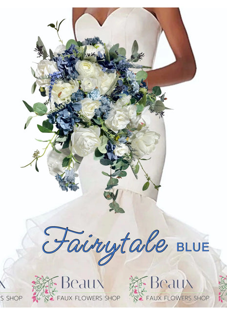 Silk Cascading Bridal Bouquet Roses, Peony in pale Blue, dark blue and Ivory - Beaux Faux Flowers Shop