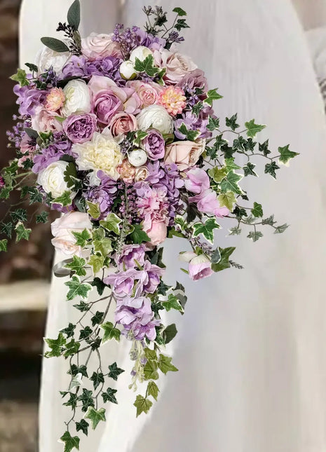 Silk Rose with trailing ivy brides bouquet-lilac, blush, lavender, Ivory cascading Beaux Faux Flowers Shop