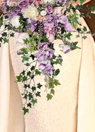 Silk Rose with trailing ivy brides bouquet-lilac, blush, lavender, Ivory cascading Beaux Faux Flowers Shop