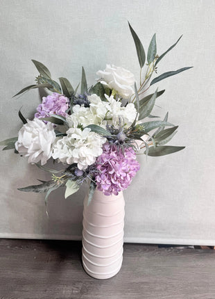 Silk Peony thistle lilac flower Arrangement with White with peonies, roses, Nicoli eucalyptus - Village Gardens Beaux Faux Flowers Shop