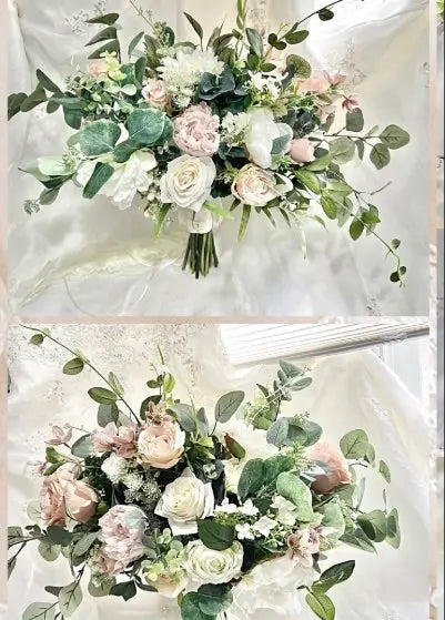 Two images of a floral arrangement with pink and white flowers and green leaves on a light background.
