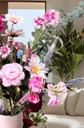 Silk delicate Floral vase Arrangement in cerise, peach, pale blue, lilac and White with garden, chrysanthemum, astilbe,Veronica dahlia sweet pea-Garden Views Beaux Faux Flowers Shop