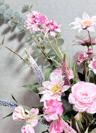 Silk delicate Floral vase Arrangement in cerise, peach, pale blue, lilac and White with garden, chrysanthemum, astilbe,Veronica dahlia sweet pea-Garden Views Beaux Faux Flowers Shop
